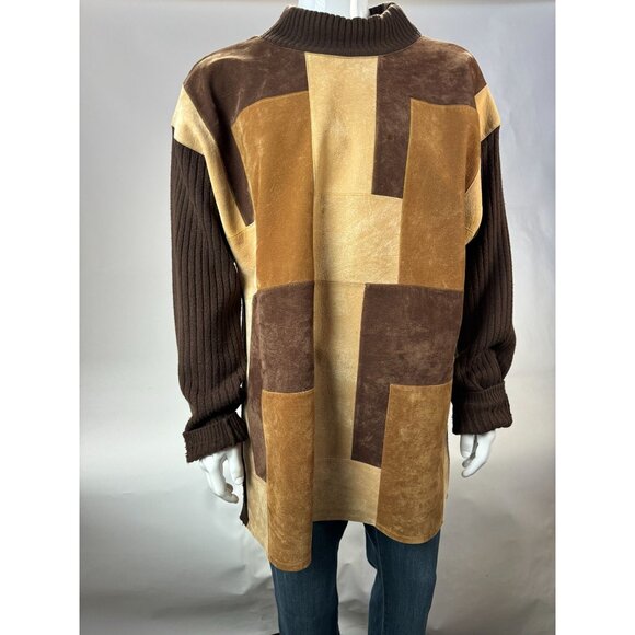 VTG 80s Koman Sport Patchwork Sweater Brown & Tan Ribbed Knit Mens L Blemish - Picture 9 of 16